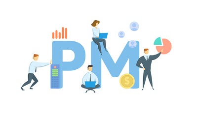 PM, Project Management. Concept with keywords, people and icons. Flat vector illustration. Isolated on white background.