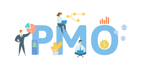 PMO, Program Management Office. Concept with keywords, people and icons. Flat vector illustration. Isolated on white background.