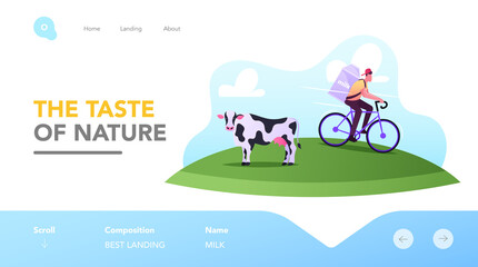 Obraz na płótnie Canvas Milkman Job, Dairy Food Delivery Landing Page Template. Company Delivering Milk by Bicycle. Work on Farm, Shipping Milk