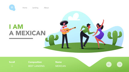 Mexican Party, Cinco De Mayo Festival Landing Page Template. Mariachi with Guitar and Dancers in Traditional Clothes