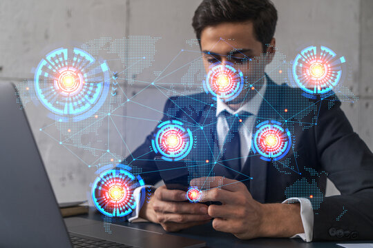 Man in office working with Smartphone, Searching for new countries to work with. International world map hologram, typing phone. Double exposure.