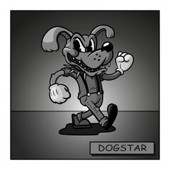 Dogstar. funny and stern cartoon dog is walking. Animal black and white, retro character vector