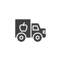 Toy truck vector icon. filled flat sign for mobile concept and web design. Delivery truck with apple glyph icon. Symbol, logo illustration. Vector graphics