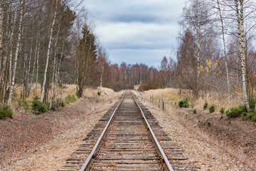 Fototapeta premium Single railway line in the autumn forest.