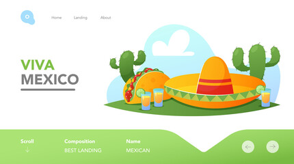 Fiesta, Mexican Party Landing Page Template. Traditional Sombrero Hat, Tequila in Glass Shots with Lime, Tacos and Cacti