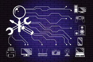 Repair, maintenance of digital, video and computer equipment - a symbol in the form crossed screwdriver, wrench and magnifier on background of brick illuminated wall