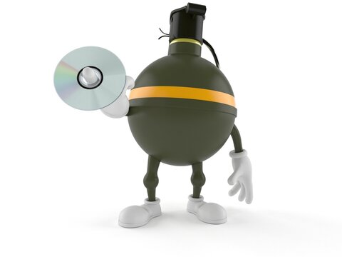 Hand grenade character holding cd disc