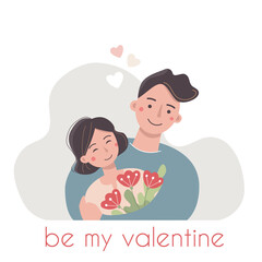 Happy couple in love. Young man hugs a nice woman. Smiling girl with a flowers. Happy Valentines Day card. 