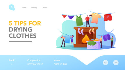 Tiny Characters Drying Wet Clothes Landing Page Template. People Hanging Wet Clothing on Rope and Fire Place, Household