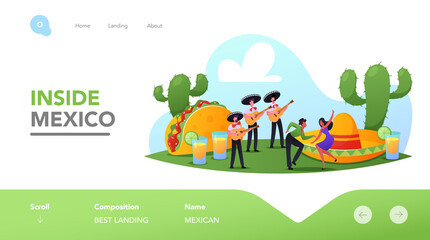 Fototapeta premium Characters Celebrate Mexican Party Landing Page Template. People In Traditional Clothes, Mariachi Musicians with Guitars