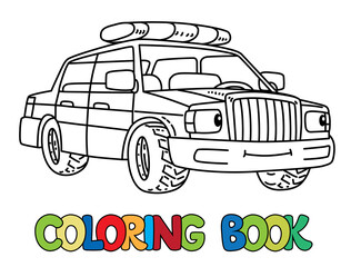 Funny small police car with eyes. Coloring book © passengerz