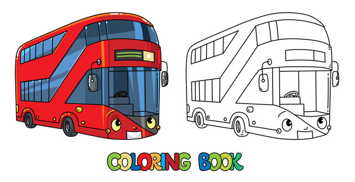 Funny London bus with eyes. Coloring book