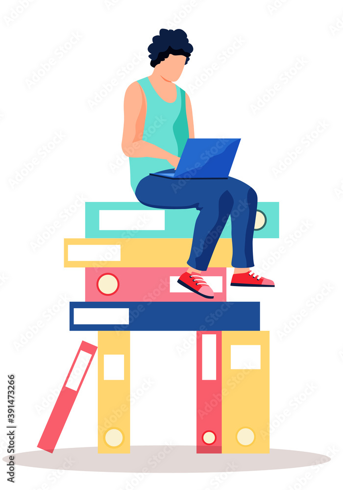 Poster a young guy is sitting on a stack of folders or books. guy with a laptop working on his computer. fr