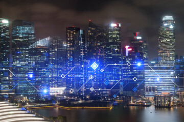 Fototapeta na wymiar Information flow hologram, night panorama city view of Singapore. The largest technological center in Asia. The concept of programming science. Double exposure.