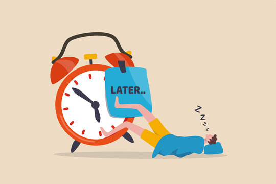 Procrastination do it later, postpone to work tomorrow, unproductive and excuse concept, lazy man sleeping with no clue to wake up with big sticky note written the word later on alarm clock.