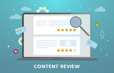 Website Content Review concept. Creative writing for blog, copywriting for web site articles with stars rating. Feedback, audience engagement, reviews and rating, testimonials and communication