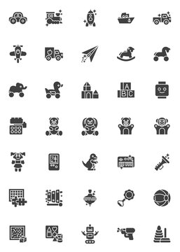 Baby toys vector icons set, modern solid symbol collection, filled style pictogram pack. Signs, logo illustration. Set includes icons as teddy bear toy, robot, alphabet cubes, pyramid, doll, truck car