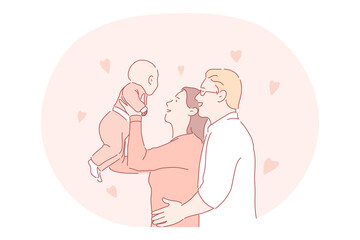 Happy family, parenthood, having children concept. Young happy parents father and mother cartoon characters standing and holding small baby in raised hands. Togetherness, happiness, couple