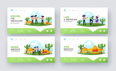 Characters Celebrate Mexican Party Landing Page Template Set. People In Traditional Clothes, Mariachi Musicians