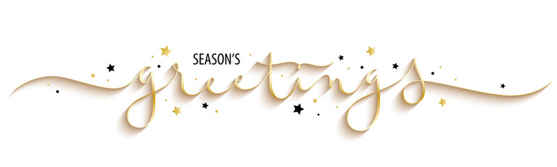 SEASON'S GREETINGS black and metallic gold vector brush calligraphy banner with stars © HowLettery Studio