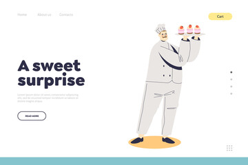 Confectionary order service landing page with male confectioner holding tray with cupcakes