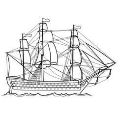 sketch of an old sailing ship, coloring book, and decoration cartoon, isolated object on a white background, vector,