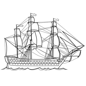 sketch of an old sailing ship, coloring book, and decoration cartoon, isolated object on a white background, vector,