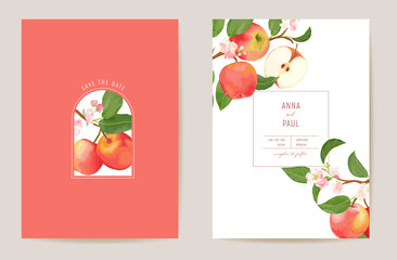 Wedding apple floral vector card, exotic fruits, flowers, leaves invitation. Watercolor template frame