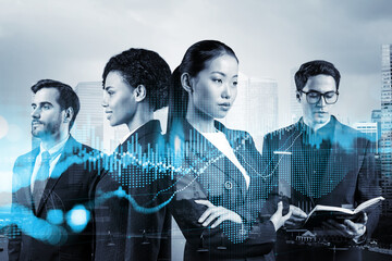 Group of business colleagues working on new venture capital and hi-tech start up and try to forecast risks and estimate prospective earning growth. Hologram chart on Singapore background.