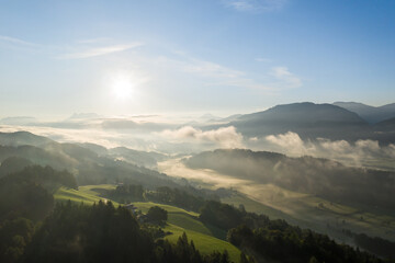 Drone panorama over Tyrol landscape, at sunrise in Austria.