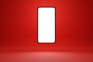 3D illustration mock up of a modern smartphone in a white screen on a red isolated background. Design, illustration for web banner, web and mobile, infographic. Application presentation concept