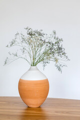 Composition of branch with dried flowwers in beautiful decorative ceramic vase as home decoration.