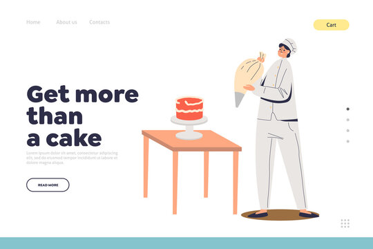 Homemade Cake Order Landing Page Concept With Female Chief Decorating Cake