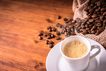 Fresh cafe for morning breakfast refresh caffeine white cup roasted organic coffee bean farm in vintage wood grinder classic metal coffee pot for black espresso and cream milk cappuccino latte