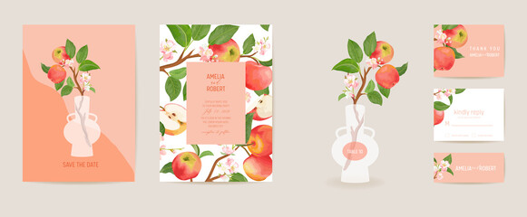 Wedding invitation apple vector card. Vintage botanical Save the Date set. Design template of fruits, flowers - 391475021