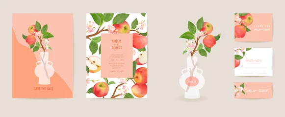 Fotobehang Wedding invitation apple vector card. Vintage botanical Save the Date set. Design template of fruits, flowers © wooster