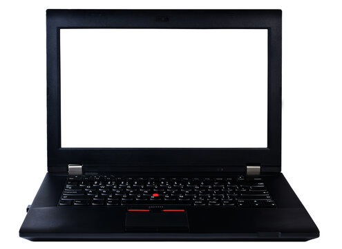 black laptop with place on the screen for text or pictures. isolated on white background. high technology office work concept.