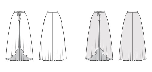 Over Skirt circular fullness technical fashion illustration with bow, floor ankle lengths, thin waistband. Flat bottom template front, back, white grey color style. Women men unisex CAD mockup
