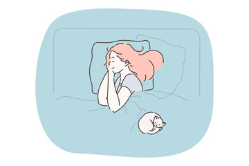 Sleeping, relaxation and comfortable rest concept. Young smiling woman cartoon character sleeping with white cat on pillow in bed under blanket at home vector illustration