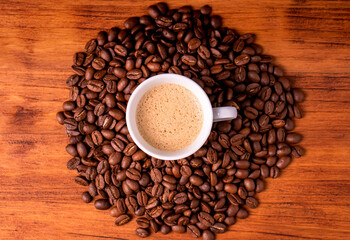 Homemade cafe fresh hot espresso in steam white mug cup brew from organic sustainable coffee shop drink roasted brown bean with recycle disposable paper package with refresh aroma