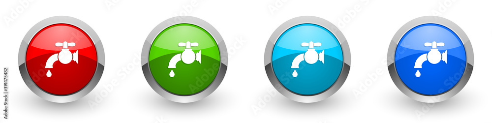 Poster water faucet, old tap silver metallic glossy icons, set of modern design buttons for web, internet a