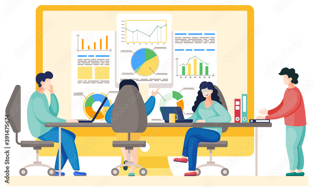 Poster teamwork concept. illustration joint work in the company. office workers communicate, solve business