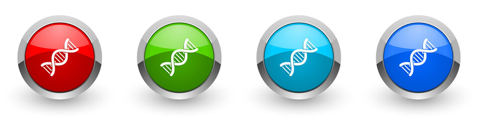 Dna, genetic molecule silver metallic glossy icons, set of modern design buttons for web, internet and mobile applications in four colors options isolated on white background