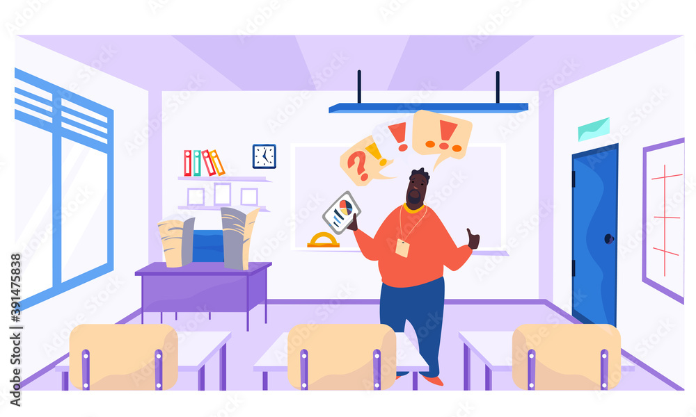 Poster online learning concept. teacher with summary in empty class with desks without students. a man cond