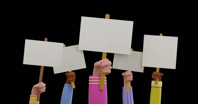 Cartoon hands up with posters on sticks on black background. Different Hands holding Clear blank banners. Concept of unity, protest, revolution, fight, cooperation.3d .  Render. 4k video