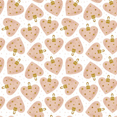 Christmas tree decoration. New year decor. Pink heart with golden stars. Winter holiday. Seamless pattern, texture, background.