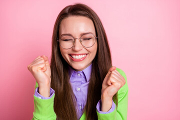 Close-up portrait of nice pretty cheery overjoyed ecstatic girl geek celebrating good news isolated...