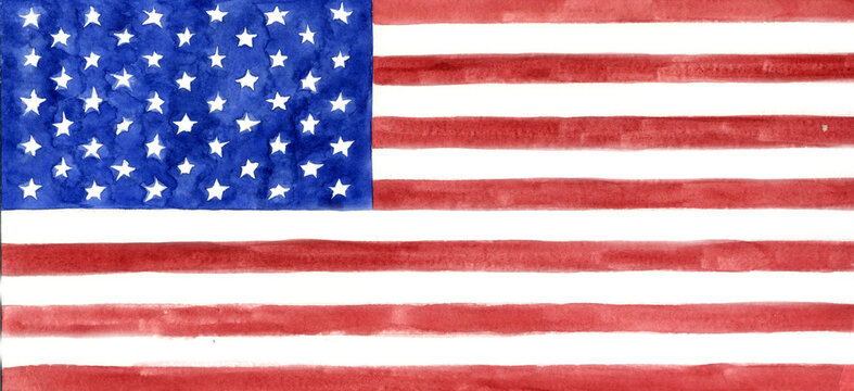 Watercolor drawing American flag. Long format