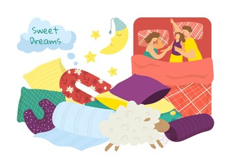 Advertising comfortable pillows in bedroom vector illustration. Family rest, sleep on bed. Cozy interior, relaxation, design soft cotton and textile pillows. Stylish, modern home concept.