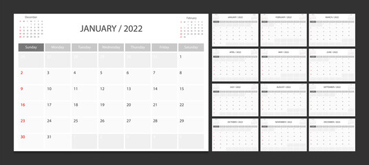 Calendar 2022 week start Sunday corporate design planner template.